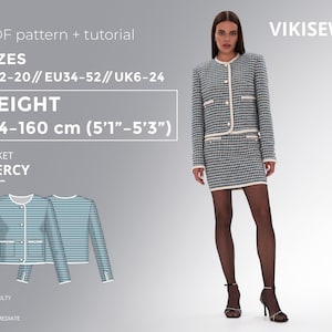 Puede incluir: Una mujer modela un conjunto de chaqueta y falda a cuadros blancos y negros con ribetes blancos. La imagen incluye texto: "PDF pattern + tutorial", "TALLAS US2-20 // EU34-52 // UK6-24" y "ALTURA 154-160 cm (5'1"-5'3")".