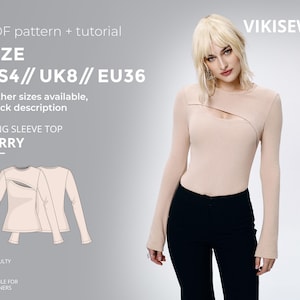May include: A long-sleeved beige top with a cutout detail, paired with black pants. The image includes a pattern illustration and text indicating the size is US4, UK8, and EU36. The text also indicates the pattern is suitable for beginners.