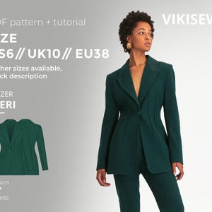 May include: A dark green blazer and matching pants. The blazer has a tailored fit with a single-button closure and vertical seam detailing. The image includes text that says "PDF pattern + tutorial" and "BLAZER ETERI".