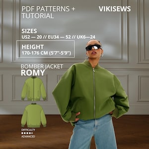 Può includere: Un cartamodello PDF per il giubbotto bomber Romy di Vikisews. L'immagine mostra un giubbotto verde, disegni tecnici del davanti e del dietro, e testo con taglie US 2-20, altezza 170-176 cm e un livello di difficoltà avanzato.