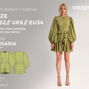 May include: A light green dress with long, voluminous sleeves and a ruffled skirt. The dress features a button-up front and is labelled "ROSARIA." The image also includes a pattern diagram and text indicating the size is UK6, EU34, and US2.