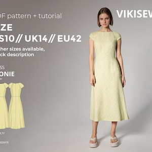Patrón de costura para vestido midi ajustado Leonie con tutorial, tallas EE. UU. 10, Reino Unido 14, UE 42