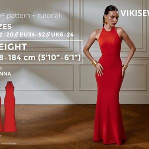 Donna dress pdf sewing pattern eu 34-52 uk 6-24 us 2-20| dress sewing pattern back cutout knit dress ankle-length fitted dress 178-184 cm