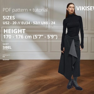 Sibel Wrap Skirt Sewing Pattern PDF Asymmetrical Midi Skirt Pattern Tailored Wrap Skirt EU 34–52 Modern Sewing Pattern Height 170-176 cm