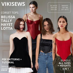 Może przedstawiać: Obraz przedstawiający cztery gorsety w różnych stylach i kolorach, w tym czarnym, czerwonym i czarnej aksamitnej sukience. Obraz zawiera tekst "VIKISEWS" i "CORSET TOPS" z nazwami "BELISSA, TALLY, HAYET, LOTTA". Obraz zawiera również tekst "PDF PATTERNS + TUTORIAL" i "BUNDLE ALL SIZES + HEIGHTS".