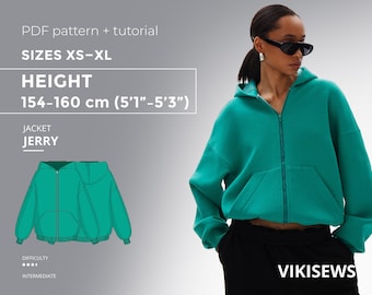 Molde em PDF para jaqueta Jerry com tutorial, tamanhos do XS ao XL para pessoas de 154 a 160 cm de altura.