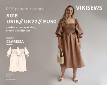 May include: A woman wearing a brown dress with puff sleeves and a square neckline. The dress is a size US18, UK22, and EU50. The image includes the text "PDF pattern + tutorial" and "DRESS CLARISSA". The difficulty level is intermediate.