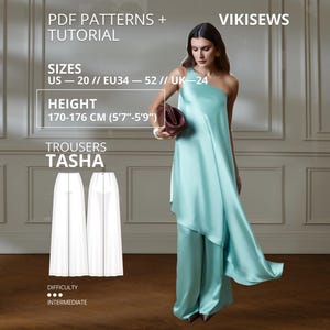 May include: A light blue one-shoulder satin top with a long, draped side panel paired with matching wide-leg trousers. The text reads PDF PATTERNS + TUTORIAL, VIKISEWS, SIZES US 20, EU 34-52, UK 24, HEIGHT 170-176 CM (5'7"-5'9"), TROUSERS TASHA.
