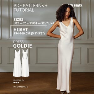 Peut inclure: Une robe longue sans manches de couleur crème avec une encolure en V. Le texte sur l'image comprend PDF PATTERNS + TUTORIAL, SIZES US2-20, HEIGHT 154-160 CM, DRESS GOLDIE, et DIFFICULTY INTERMEDIATE avec trois points indicateurs.