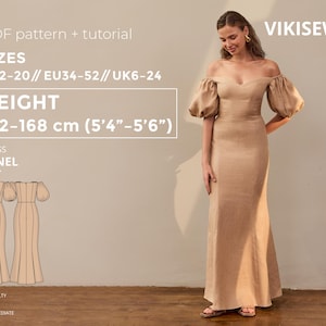 Ninel Dress pdf Sewing Pattern EU 34-52 UK 6-24 US 2-20| Dress Sewing Pattern Puff Sleeve Dress Pattern Hook and Eye Dress Height 162-168 cm