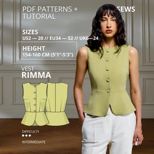May include: A light green sleeveless vest with a round neckline and a front button closure. The text reads PDF PATTERNS + TUTORIAL, SIZES US2-20, HEIGHT 154-160 CM (5'1"-5'3"), VEST RIMMA, DIFFICULTY INTERMEDIATE. Includes a technical line drawing.