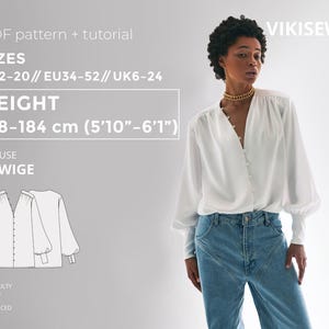 Pode incluir: Uma mulher veste uma blusa branca com mangas compridas e botões, combinada com jeans azuis. A imagem inclui texto indicando um padrão PDF e um tutorial para uma blusa chamada "Edwige", com tamanhos EU34-52 e uma altura de 178-184 cm.