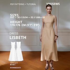Lisbeth Klänning Symönster PDF Elegant Midiklänning Båtringad Figurnära Klänning Prinsessöm Klänning EU 34–52 Höjd 170-176 cm