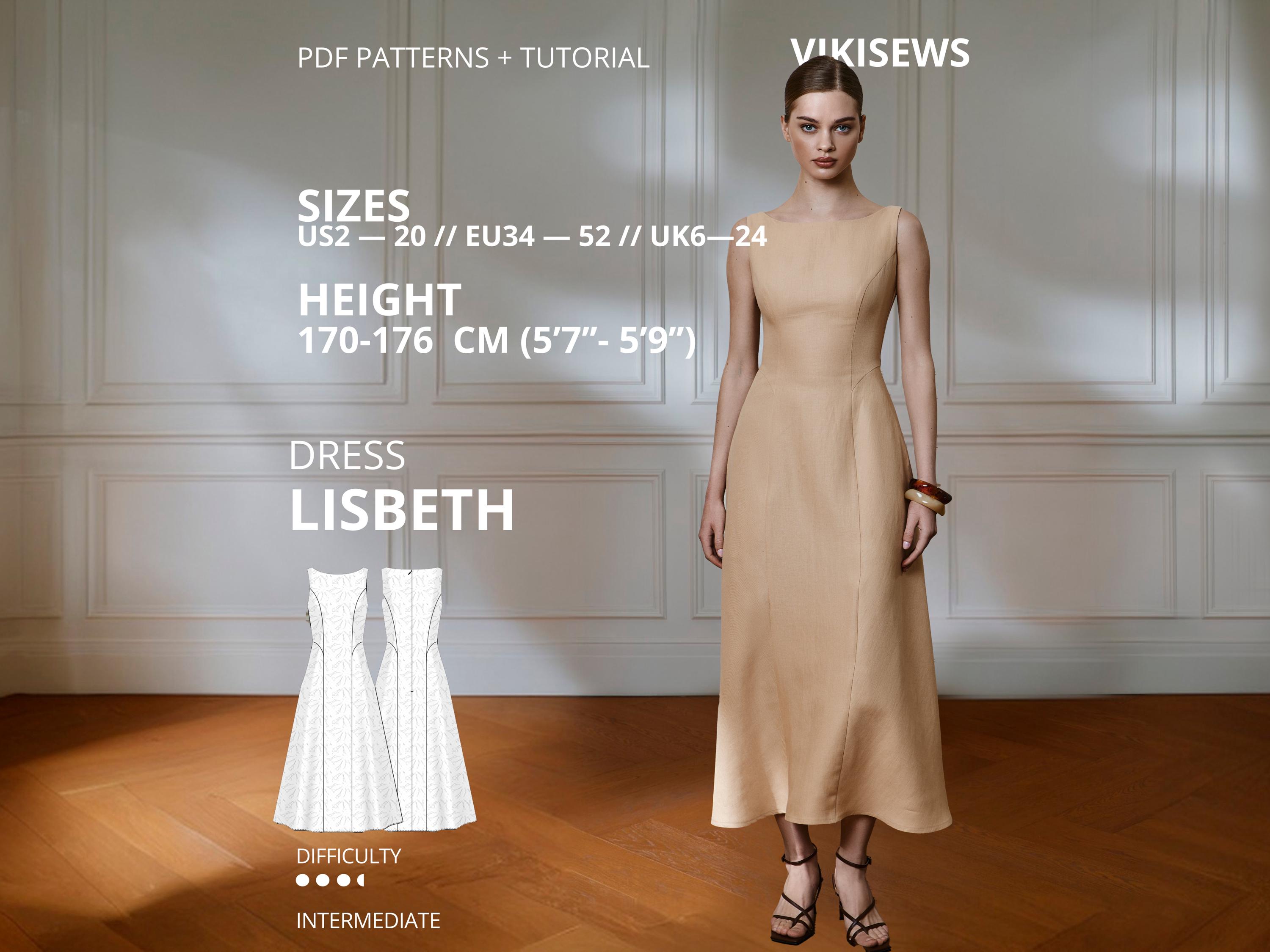 Lisbeth Dress Sewing Pattern PDF Elegant Midi Dress Boat Neck Fit