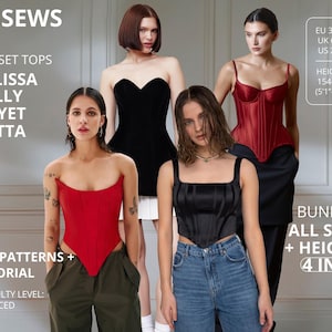 May include: Image featuring four corset tops in red, black, and satin black. The image includes the text "VIKISEWS" and "CORSET TOPS" with the names of the corset styles: Belissa, Tally, Hayet, and Lotta. The image also includes sizing information and the text "PDF PATTERNS + TUTORIAL".