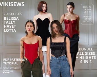 Paquete de patrones de costura para top tipo bustier en PDF, top tipo corsé sin tirantes, top estructurado, tallas EU34–52, altura 154-184 cm, 4 productos en 1 anuncio.