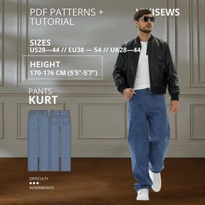Peut inclure: Un patron de couture numérique pour le pantalon Kurt, présentant une illustration technique de pantalon en jean bleu avec vues avant et arrière. Le texte indique PDF PATTERNS + TUTORIAL, SIZES US28-44, HEIGHT 170-176 CM et DIFFICULTY INTERMEDIATE.