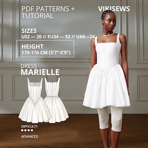 Könnte beinhalten: Ein weißes Minikleid mit quadratischem Ausschnitt und ausgestelltem Rock, präsentiert als PDF-Schnittmuster und Anleitung von Vikisews. Das Modell Marielle umfasst die Größen US 2-20, EU 34-52 und UK 6-24 für Körpergrößen von 170-176 cm.