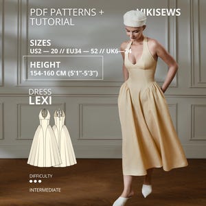 Lexi Klänning pdf Sömnadsmönster EU 34-52 UK 6-24 US 2-20| Klänning Sömnadsmönster Halterklänning med öppen rygg och rynkad kjol Höjd 154-160 cm
