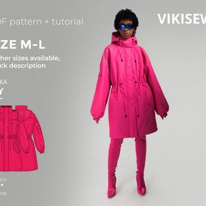 May include: A bright pink parka with a hood, drawstring waist, and pockets. The image includes a diagram of the parka and text that reads "PDF pattern + tutorial," "SIZE M-L," and "PARKA JOY." The difficulty level is listed as advanced.