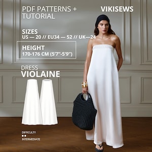 Op de afbeelding: Een vloerlange witte strapless jurk met een rechte halslijn en een los, vloeiend silhouet. De afbeelding bevat tekst: PDF PATTERNS + TUTORIAL, VIKISEWS, SIZES US 20, EU 34-52, UK 24, HEIGHT 170-176 CM, DRESS VIOLAINE, DIFFICULTY INTERMEDIATE.