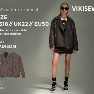Könnte beinhalten: In diesem Bild ist eine braune Lederjacke, die Madison, abgebildet. Die Jacke wird an einem Model gezeigt, und eine Zeichnung der Jacke ist ebenfalls enthalten. Das Bild enthält auch den Text "PDF pattern + tutorial" und Größenangaben.