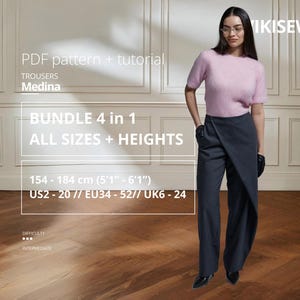 May include: A woman in a pink short-sleeved sweater and dark grey trousers. The image includes text that reads "PDF pattern + tutorial TROUSERS Medina BUNDLE 4 in 1 ALL SIZES + HEIGHTS 154-184 cm (5'1"-6'1") US2-20 // EU34-52 // UK6 - 24".