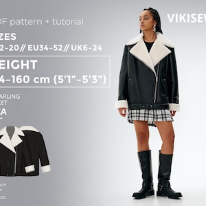 May include: A black shearling jacket with a white shearling collar and cuffs is shown. The jacket is worn by a person standing in front of a gray background. The text "VIKISEWS" is at the top right. The text "PDF pattern + tutorial" and sizing information are also visible.