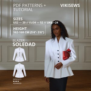 Puede incluir: Un blazer blanco con cuello alzado, cuatro botones oscuros y cintura acampanada. El texto incluye PDF PATTERNS + TUTORIAL, VIKISEWS, SIZES US2-20, EU34-52, UK6-24, HEIGHT 162-168 CM, BLAZER SOLEDAD y DIFFICULTY ADVANCED.
