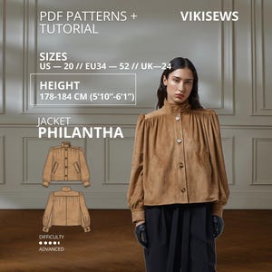 May include: A tan jacket with a high collar, button-front closure, and gathered shoulders. Text includes PDF PATTERNS + TUTORIAL, VIKISEWS, SIZES US 20, EU 34-52, UK 24, HEIGHT 178-184 CM (5'10"-6'1"), JACKET PHILANTHA, and DIFFICULTY ADVANCED.