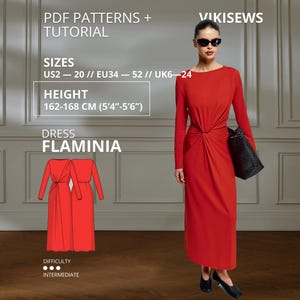 Flaminia Dress Sewing Pattern PDF Draped Knit Dress Pattern Knot Waist Maxi Dress Elegant Long Sleeve Dress Height 162-168 cm EU 34–52