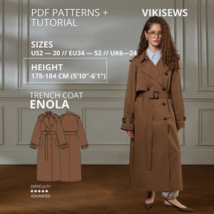 Może przedstawiać: Brązowy dwurzędowy trencz z paskiem, klapami i guzikami przy mankietach. Tekst zawiera PDF PATTERNS + TUTORIAL, VIKISEWS, SIZES EU34-52, HEIGHT 178-184 CM, TRENCH COAT ENOLA oraz DIFFICULTY ADVANCED z pięcioma kropkami.