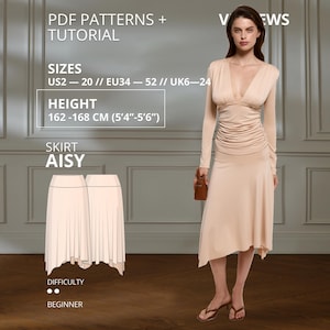 Könnte beinhalten: Ein beiges Langarmkleid mit tiefem V-Ausschnitt und gerafftem Oberteil. Der Rock hat einen asymmetrischen Saum. Der Text umfasst PDF PATTERNS + TUTORIAL, SIZES US2-20, HEIGHT 162-168 CM, SKIRT AISY und DIFFICULTY BEGINNER.