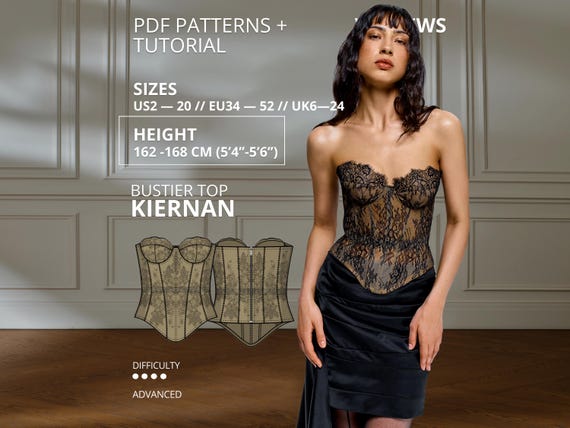 Kiernan Corset Pattern Height 162-168 US Sizes 2-20 EU 34-52 Pattern Corset Top Pattern Boned Bustier with Cups Lace Corset Sewing Pattern
