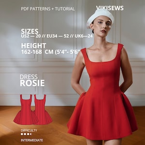 May include: A red mini dress with a square neckline and a flared skirt, presented as a PDF pattern and tutorial by VIKISEWS. The text indicates sizes US 2-20, EU 34-52, UK 6-24, and a height range of 162-168 cm (5'4"-5'6"). Difficulty is intermediate.