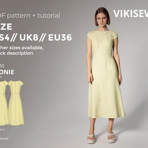 Puede incluir: Un vestido amarillo claro con estampado floral se muestra en una mujer. El vestido tiene mangas cortas y largo midi. La imagen incluye un diagrama de patrón y el texto "PDF pattern + tutorial" y "DRESS LEONIE". Talla EU36, UK8, US4.