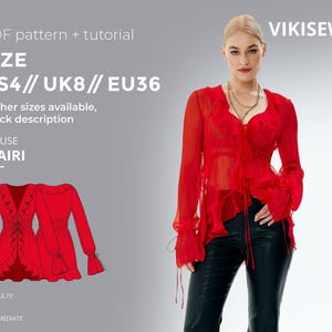 May include: A red blouse with long sleeves, ruffles, and tie details. The image also includes a pattern and tutorial for the blouse, labeled "TSAIRI", with sizes US4, UK8, and EU36. The difficulty level is listed as intermediate.