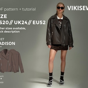 Peut inclure: Une femme porte une veste en cuir marron foncé avec une fermeture éclair, associée à une mini-jupe et des talons noirs. L'image comprend du texte indiquant un patron PDF et un tutoriel pour une veste nommée Madison, tailles US20, UK24 et EU52.