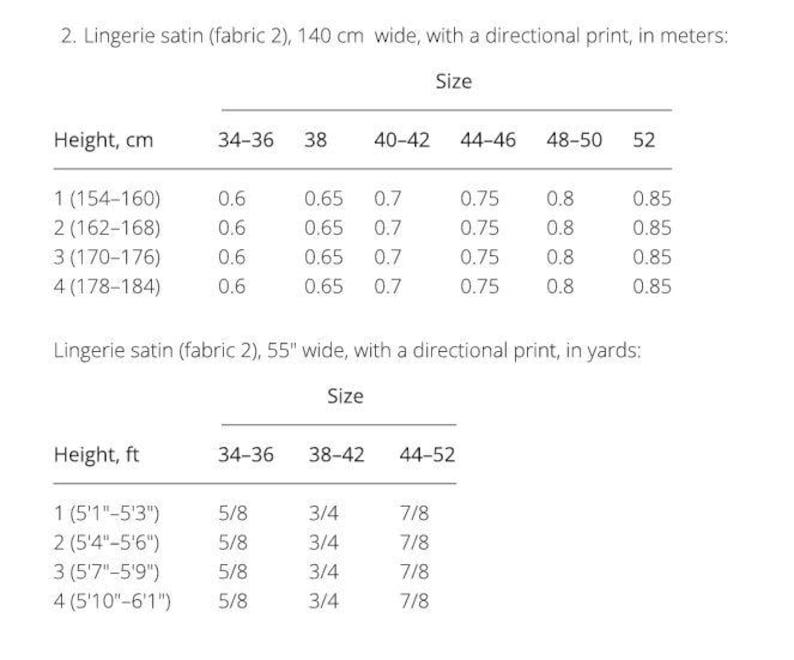 May include: A sizing chart for lingerie satin fabric 2 with a directional print. The table displays fabric requirements in meters for 140 cm wide fabric and in yards for 55 inch wide fabric, categorized by height ranges and numerical clothing sizes.