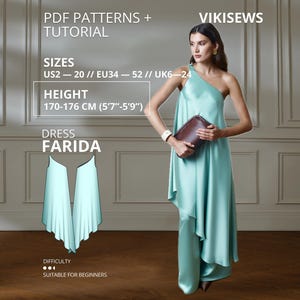 Op de afbeelding: Een mintgroene jurk met één schouderband, een vloeiende asymmetrische zoom en een bijpassende wijde broek. De tekst luidt PDF PATTERNS + TUTORIAL, VIKISEWS, SIZES US2-20, HEIGHT 170-176 CM, DRESS FARIDA en DIFFICULTY.