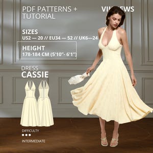 May include: A pale yellow halter-neck dress with a fitted bodice and a flared midi-length skirt. The image includes text: PDF PATTERNS + TUTORIAL, SIZES US2-20, HEIGHT 178-184 CM (5'10"-6'1"), DRESS CASSIE, DIFFICULTY INTERMEDIATE, and a line drawing.