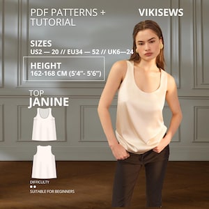 Könnte beinhalten: Ein cremefarbenes ärmelloses Tanktop mit Rundhalsausschnitt. Das Bild enthält den Text: PDF PATTERNS + TUTORIAL, VIKISEWS, SIZES US2-20, EU34-52, UK6-24, HEIGHT 162-168 CM, TOP JANINE und DIFFICULTY SUITABLE FOR BEGINNERS.