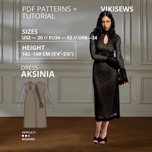 Puede incluir: Un vestido midi negro de manga larga con escote tipo cerradura y puños acampanados. El texto incluye PDF PATTERNS + TUTORIAL, VIKISEWS, SIZES US2-20, HEIGHT 162-168 CM, DRESS AKSINIA y DIFFICULTY BEGINNER junto a un boceto técnico.