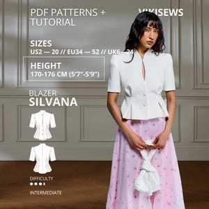 May include: A white short-sleeved blazer with a high neckline and front button closure, paired with a light pink skirt. Text includes PDF PATTERNS + TUTORIAL, VIKISEWS, SIZES US2-20, HEIGHT 170-176 CM (5'7"-5'9"), BLAZER SILVANA, and DIFFICULTY INTERMEDIATE.