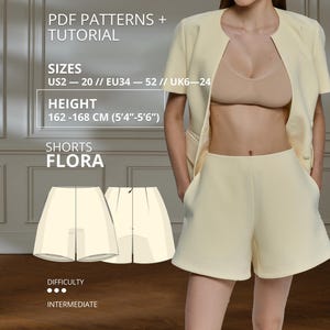 Flora Shorts Symönster PDF Skräddarsydda Shorts Mönster Sommarshorts med Hög Midja Damshorts Symönster EU 34–52 Höjd 162-168 cm
