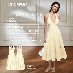 May include: A pale yellow halter dress with a deep V-neckline and a flared midi-length skirt. The text reads VIKISEWS, PDF pattern + tutorial, DRESS Cassie, BUNDLE 4 in 1, ALL SIZES + HEIGHTS, 154 - 184 cm (5'1" - 6'1"), US2 - 20 // EU34 - 52 // UK6 - 24.