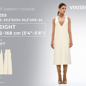May include: A cream-colored Stacy dress with a V-neck, shown on a model. The image includes the text "PDF pattern + tutorial", sizes US2-20, EU34-52, UK6-24, and height 162-168 cm (5'4"-5'6"). The difficulty level is intermediate.