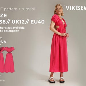 May include: A bright pink dress with a V-neck and open back is featured in this image. The dress is modeled by a person and is part of a PDF pattern and tutorial. The text on the image indicates the dress is size US8, UK12, and EU40.