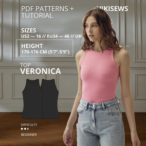 Puede incluir: Una camiseta rosa sin mangas con cuello alto, etiquetada como Top Veronica. La imagen incluye texto para patrones PDF, tutorial, tallas US 2-16, EU 34-46, altura 170-176 cm y nivel de dificultad principiante de Vikisews.