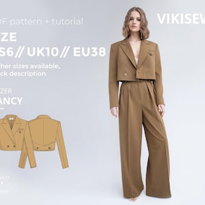 Puede incluir: Una mujer con una blazer marrón corta y pantalones de pierna ancha a juego. La imagen incluye un diagrama de la blazer y el texto « PDF pattern + tutorial », « SIZE US6 // UK10 // EU38 » y « BLAZER NANCY ». La dificultad se indica como « ADVANCED ».